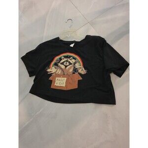Romwe Women’s Cropped Graphic Tee Size L Black “Adopt a Cat” Raccoon Rainbow...